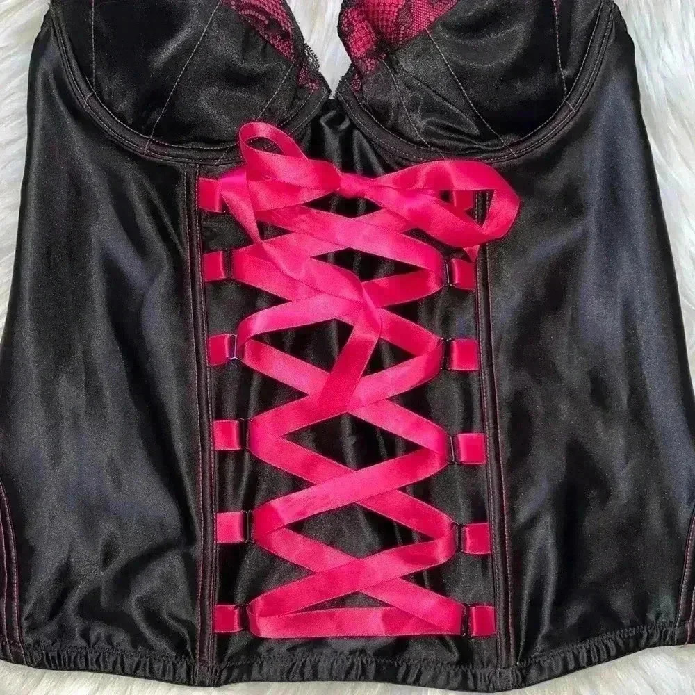 Cacique Corset Top Black Satin Neon Pink with Front Ribbon 14/16 - Picture 6 of 9